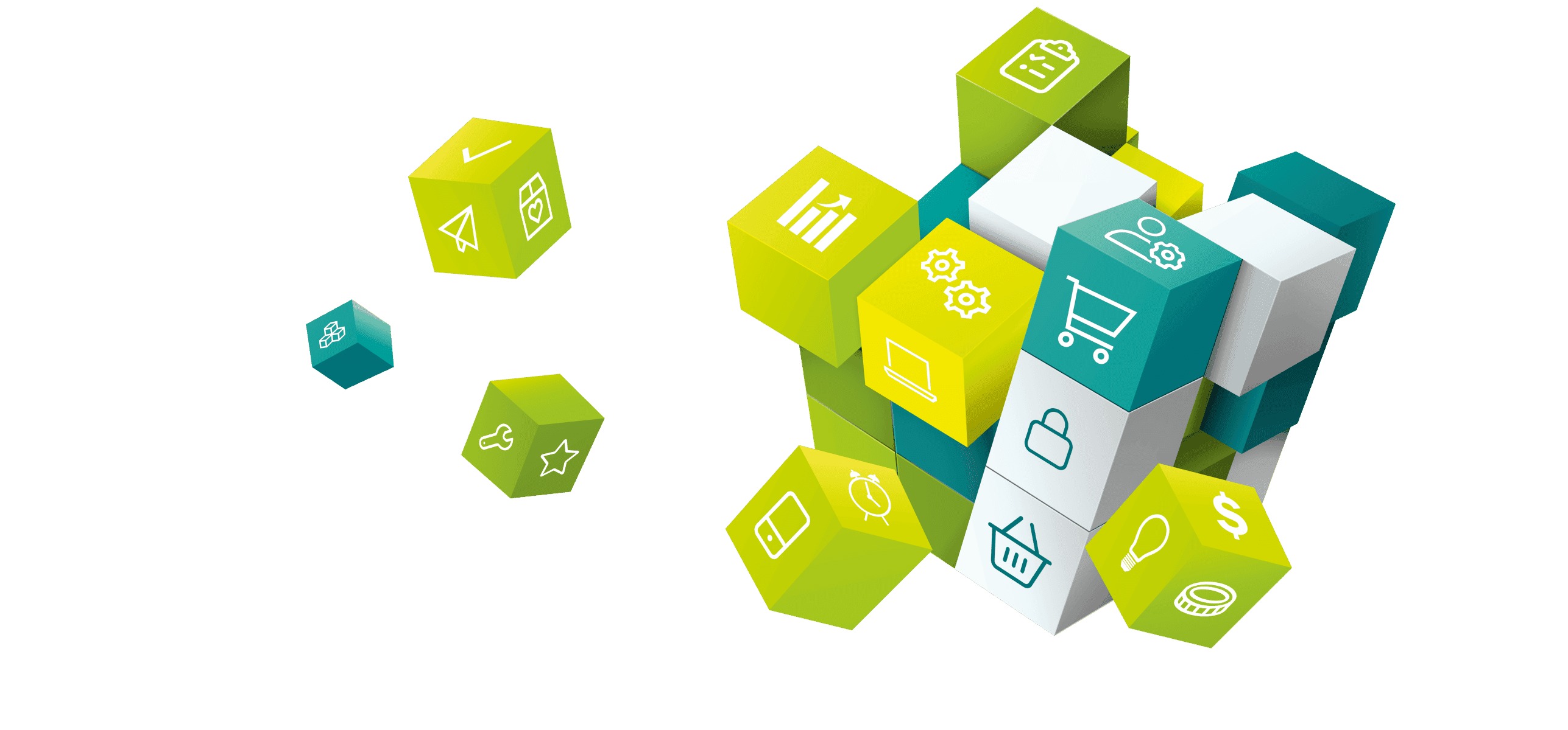 Abstract illustration featuring interconnected 3D cubes with symbols representing e-commerce, data, processes, security, and analytics.